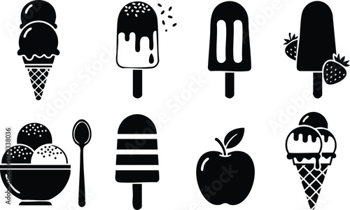 Minimalist black and white vector icons of various ice cream cones and popsicles with apples and spoons displayed in simple silhouette style on white background