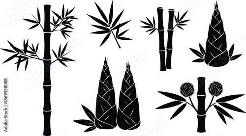 Black silhouettes of bamboo stems bamboo leaves bamboo shoots and round flower heads in flat design style isolated on white background detailed vector art