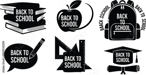Black and white back to school icons set including stack of books apple with swirl pencil in speech bubble backpack ruler graduation cap and diploma symbols in vector art style