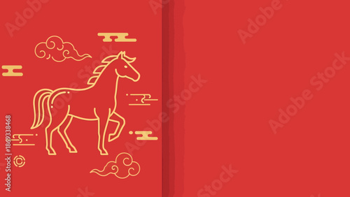 Elegant Horse Illustration on Red Background with Clouds.