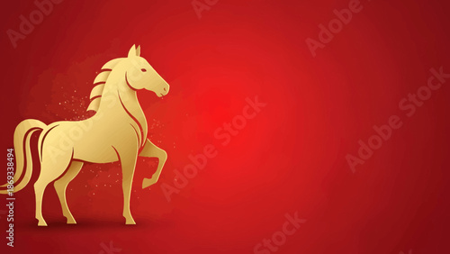 Golden Horse Silhouette on Red Background.