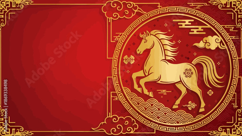 Golden Horse Illustration in Traditional Chinese Art Style.