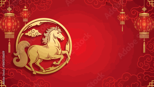 Golden Horse Emblem with Auspicious Clouds and Lanterns.