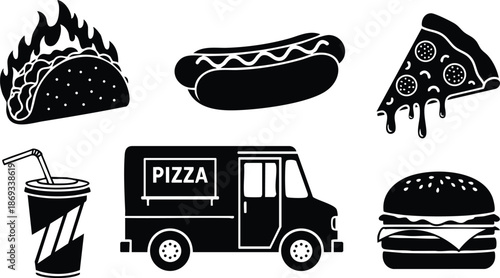 Black and white bold graphic design of fast food icons including flaming taco hot dog slice of pizza soft drink pizza delivery truck and cheeseburger set in simple silhouette style