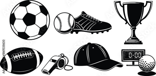 Black and white vector icons of soccer ball baseball cleat football whistle cap trophy scoreboard and golf ball isolated on white background sports equipment set