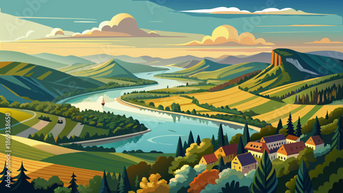 Very beautiful panoramic view of the Danube Bend from Dobogókő, Hungary, revealing winding river curves, forested hills, and tranquil natural scenery shaped by timeless landscapes.