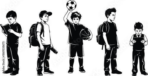Black and white vector art of five boys standing with one reading book one holding camera and two holding sports balls in casual clothes and backpacks