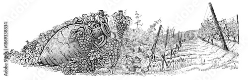 Vintage amphora for wine among grapes and vine. Hand-drawn sketch, vector illustration, isolated on a white background. Greece, Italy or Georgia wine