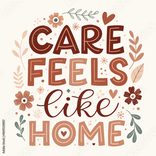 A heartwarming illustration of care and comfort feels like being at home surrounded by flowers and leaves.