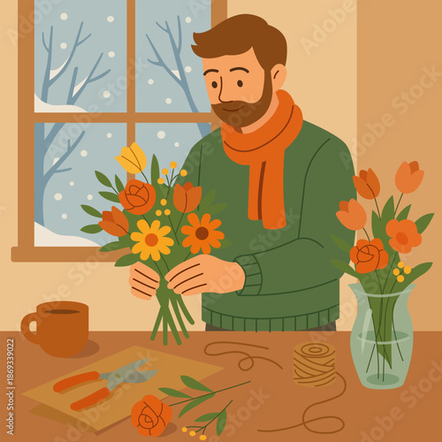 Man arranging a bouquet of flowers at home near a window. Calm flat vector illustration showing floral arrangement and everyday indoor activity.