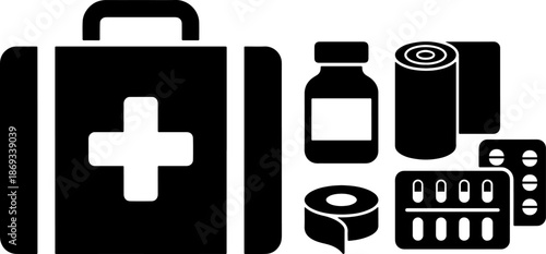 First aid kit and medical supplies icons, black silhouette on white background