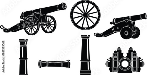 Silhouette vector set of vintage cannons old artillery guns and separate cannon wheels isolated on white background detailed retro black outline illustrations collection