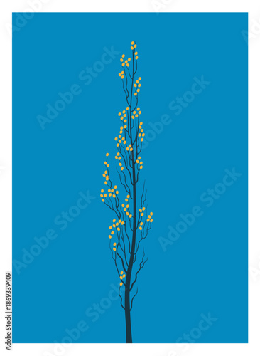 Minimalist vector illustration of a tall poplar tree with golden leaves against a blue background. Autumn season, nature. Concept of fall, seasonal change, countryside landscape