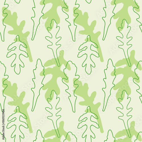 Pattern Arugula silhouettes and contour leaves, leafy vegetables. Microgreen. On light green background. Vector illustration
