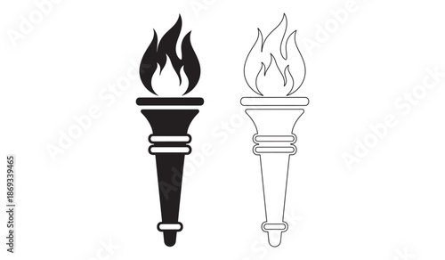 Black and white torch icons with flames on top isolated on white background