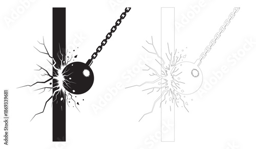 Black and white wrecking ball smashing through concrete wall
