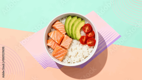 Salmon avocado tomato rice bowl