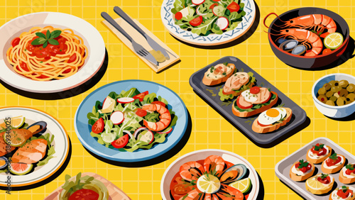 Illustration of various dishes on table