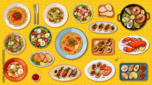 Assorted food dishes on yellow table