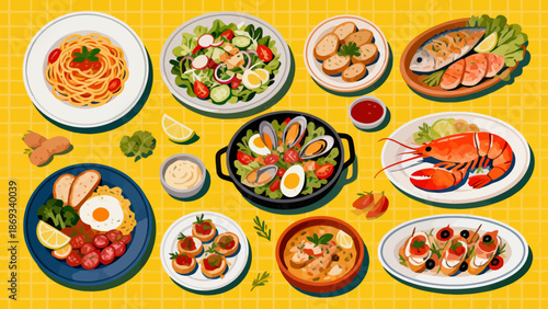 Illustration of various dishes on table
