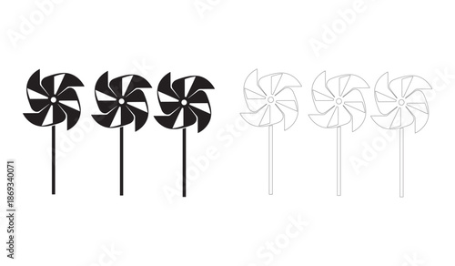 Black and white pinwheels in different line styles on white