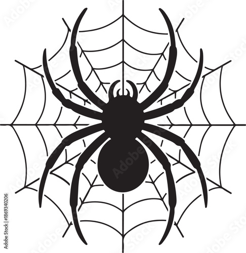Isolated black widow spider silhouette on a white background featuring a scary arachnid insect and its poisonous cobweb trap for a spooky Halloween nature vector illustration