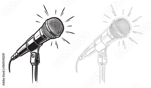 Two microphones with burst of lines around them isolated on white background