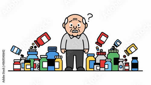 Elderly man looks confused surrounded by numerous pill bottles and falling pills