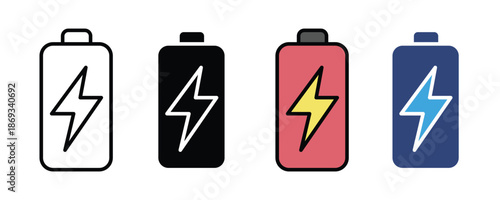 Battery Charging Icon Set with Lightning Bolt, Flat Energy Power symbol. vector illustration