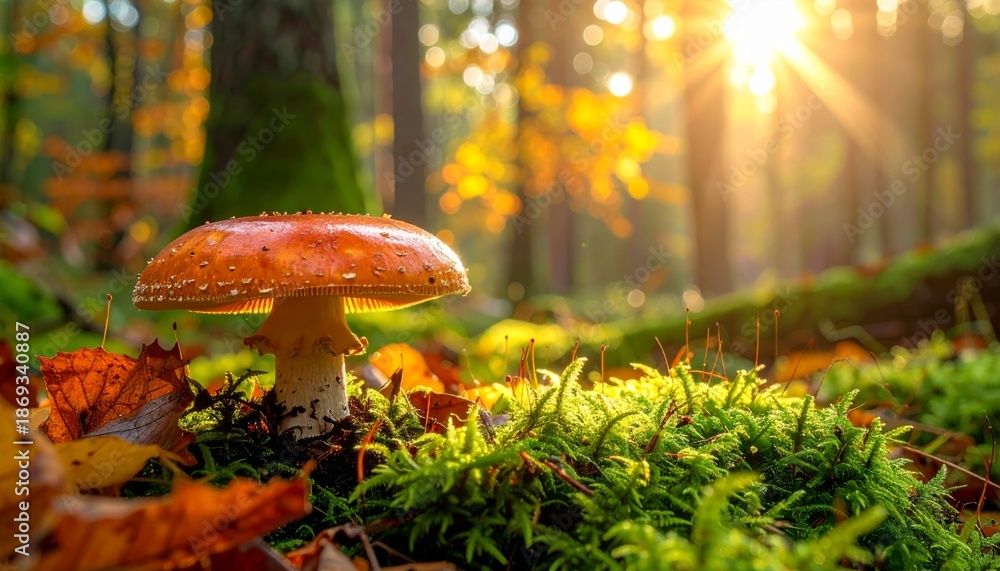 Fototapeta premium A wild edible brown boletus mushroom with a large cap grows in the green moss and grass of an autumn forest floor
