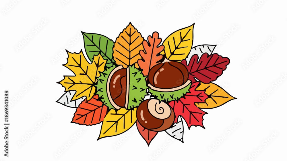Obraz premium Colorful autumn leaves and chestnuts arranged in a circular pattern