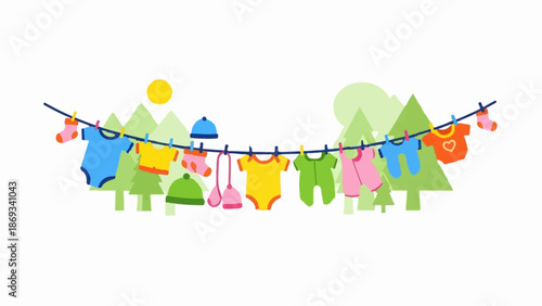 Colorful baby clothes drying on a line with trees and sun in background