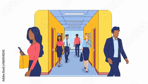 Diverse professionals walk through a bright, modern office hallway
