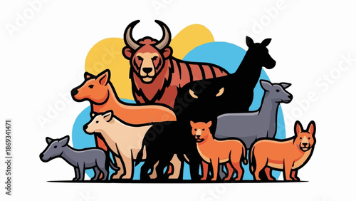 Diverse animals including a bull, tiger, wolf, and deer stand together
