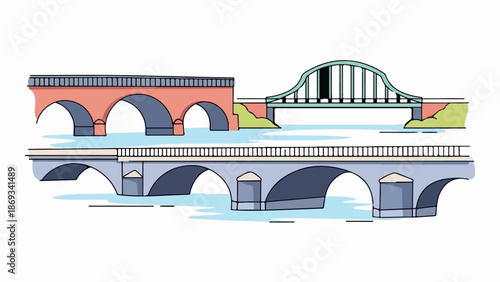 Diverse bridge structures arching over flowing water, showcasing different designs