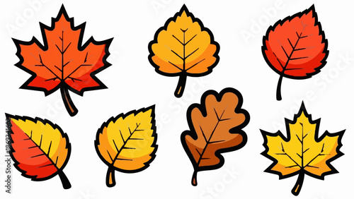 Collection of cartoon leaves in autumnal colors, isolated on white