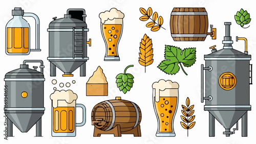 Collection of beer brewing equipment, ingredients, and beverages