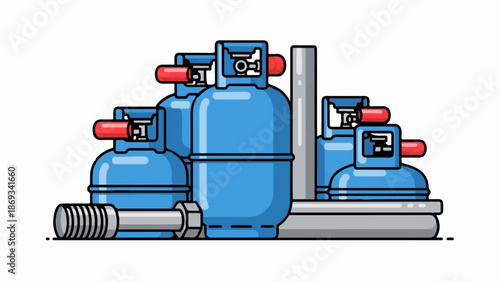 Collection of blue gas cylinders with red valve caps and gray pipes