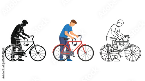 Set of three bicycle maintenance illustrations showing a man adjusting a bicycle in silhouette, color, and outline styles