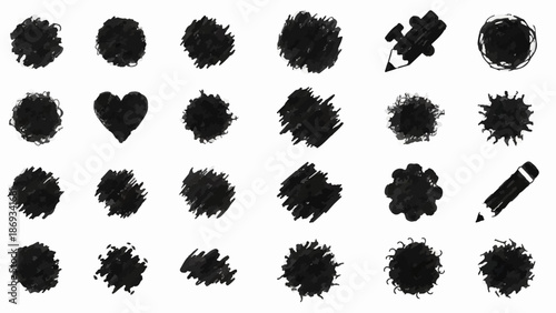 Collection of abstract black ink brush strokes, smudges, and doodle shapes