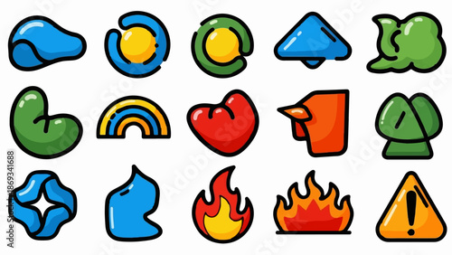 Collection of 15 cartoonish, stylized icons representing various concepts like shapes, elements, and symbols