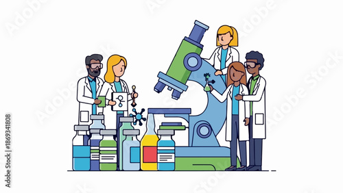 Diverse scientists in lab coats collaborate around a microscope and research equipment