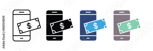 Mobile payment and online financial transaction icon set. smartphone with dollar bill symbol. vector illustration