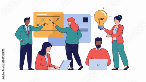 Diverse team brainstorming ideas and analyzing data on white background