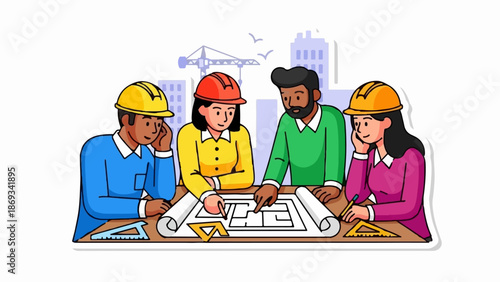 Diverse team of architects collaborating on building blueprints, with construction in background