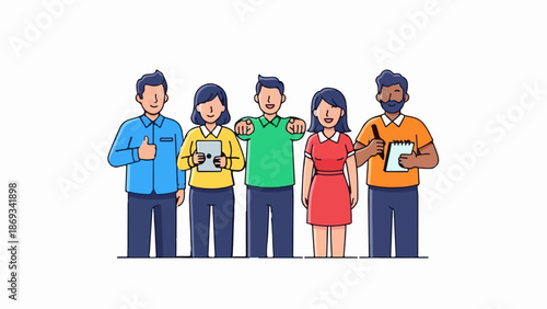 Diverse team of five individuals in colorful attire, engaged and ready