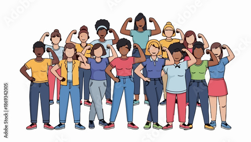 Diverse women flexing muscles in a confident, united group