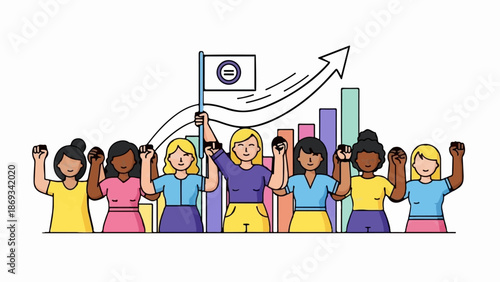 Diverse women united, raising fists and a flag of equality with rising graph
