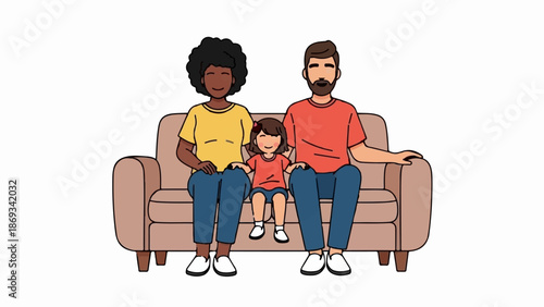 Diverse family of three smiling happily on a couch, enjoying a moment together