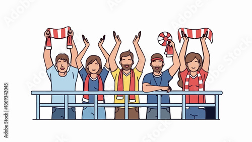Diverse fans cheering with scarves and a round fan in a stadium, joyful